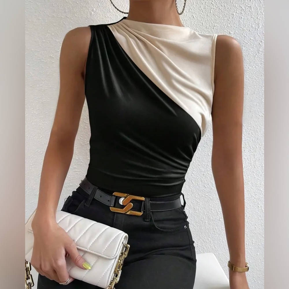 Color Block Ruched Sleeveless Top, Elegant Slim Fit Mock Neck Top
